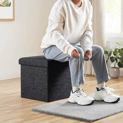 Ornavo Home 2 Pack 15 Inch Folding Storage Ottoman, Square Cube Linen Small