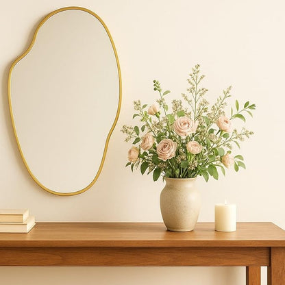 TOMACE Brushed Gold Asymmetrical Irregular Wall Mirror,22''x 34'' Unique Brass Frame Wall Mounted Mirror for Bathroom,Entryway,Nursery
