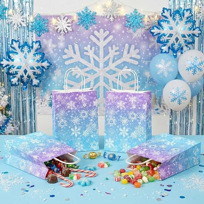 24 Pcs Snowflake Party Favor Bags with Handles - Winter Themed Goodie Gift Candy Kraft Paper Bags for Holiday Birthday Party Supplies Decorations