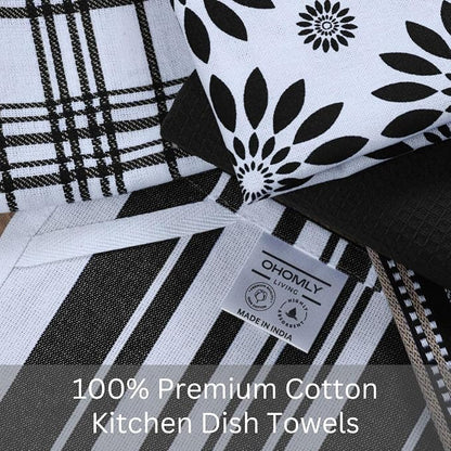 Assorted Kitchen Towels Set of 5-100% Cotton Dish Cloths Towels with Hanging Loop - Soft, Absorbent & Washable for Kitchen Use - Quick Drying Dish Towels 16x26 Inch Black