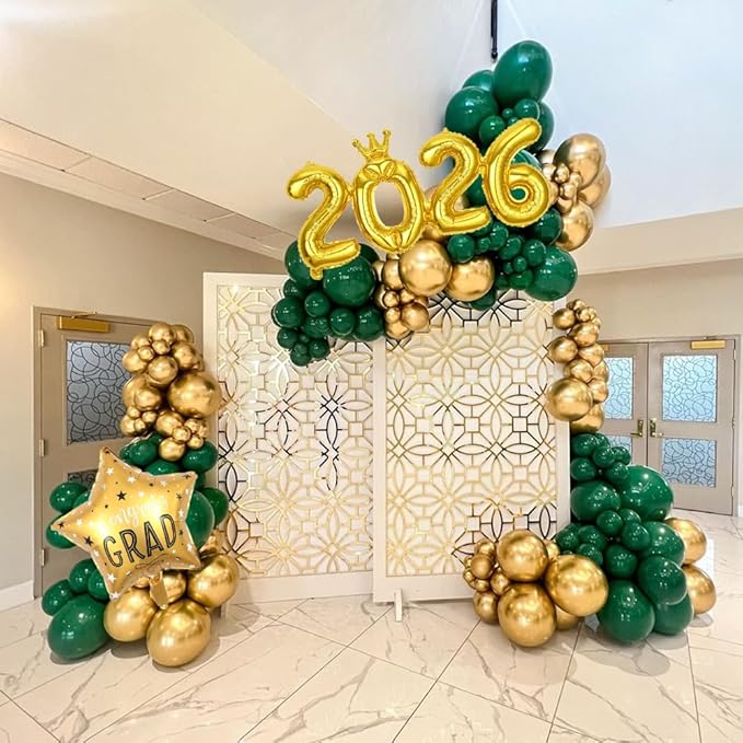 Graduation Balloon Arch Green Graduation Decorations Class of 2026 143pcs Green and Gold Balloon Garland Arch with Number 2026 Graduation Star Balloons for Class of 2026 Grad Prom Decorations Supplies