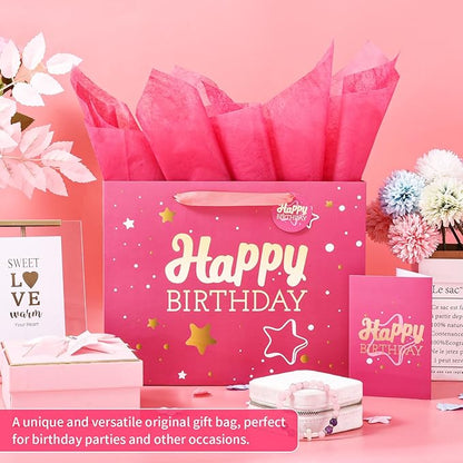 Powbrace 13" Pink Happy Birthday Gift Bag with Tissue Paper and Greeting Card for Party,Happy Birthday Gift Bag for Men Women,Gift Bags Medium size(1 PCS Pink Hot Stamping)