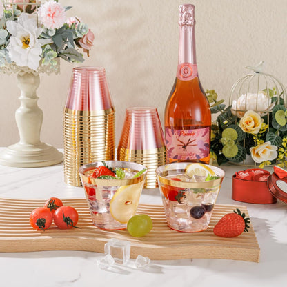supernal 100 Pcs Pink Plastic Cups, 9oz Pink Disposable Cups with Gold Rim, Plastic Wine Cocktail Glasses Perfect for Party, Wedding and Birthday, Cute Cocktail Party Cup Disposable