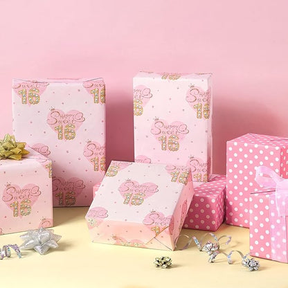 WERNNSAI Sweet 16 Birthday Wrapping Paper - 1 Roll 17”x 33ft Happy Birthday Wrapping Paper Pink Love Heart Gift Wrap for Girls Daughter Granddaughter Friends Sweet Sixteen Gifts Supply