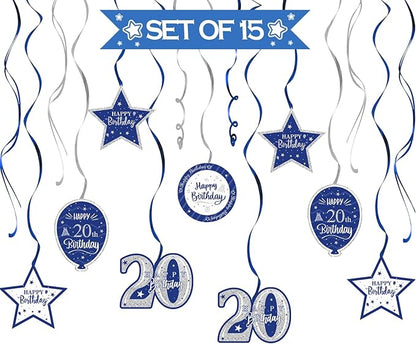 Happy 20th Birthday Blue & Silver Glitter Swirls Streamers Party Decorations - 15 Pcs 20th Birthday Hanging Swirls Streamers Kit,Cheers to Twenty Years Old Bday Party Sign.
