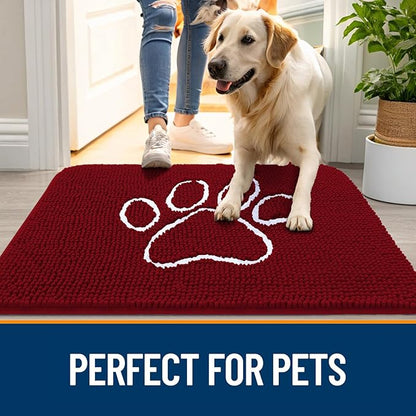 OLANLY Dog Door Mat for Muddy Paws 48x30, Paw Print Design, Absorbs Moisture and Dirt, Absorbent Non-Slip Washable Doormat, Quick Dry Chenille Mud Mat for Dogs, Entry Indoor Entryway Carpet, Red