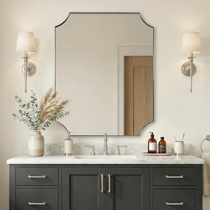 ANDY STAR 24"x30" Brushed Nickel Vanity Mirror, Scalloped Rectangle Mirror, Silver Wall Mirror in Rustproof Stainless Steel Thin Frame, Aesthetic Scalloped Corners, Designed for Bathroom Remodel