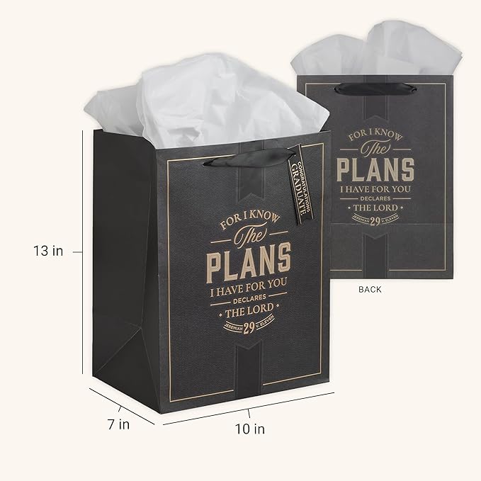 Christian Art Gifts Large Portrait Inspirational Scripture Gift Bag, Tag & Wrapping Tissue Paper Set for Grads: Know the Plans Encouraging Bible Verse, Sturdy Satin Ribbon Handles, Charcoal & Gold