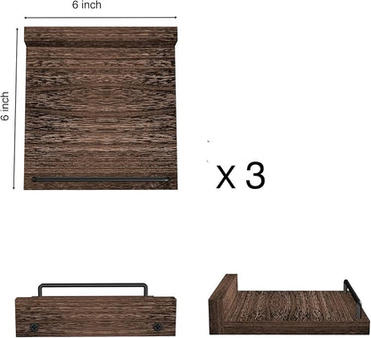 RYOFOBETTO Small Floating Shelf, 6X6 Inches Farmhouse Wall Shelves for Living Room, Bedroom, Picture Frames, Plants, Kitchen, Set of 3 (Brown)