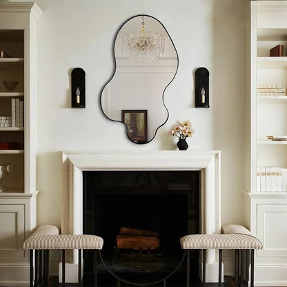 Irregular Wall Mirror, 30"x18" Asymmetrical Decorative Accent Mirror with Black Metal Frame, Organic Shape Mirrors for Entryway Bedroom Living Room, Horizontal or Vertical Hanging