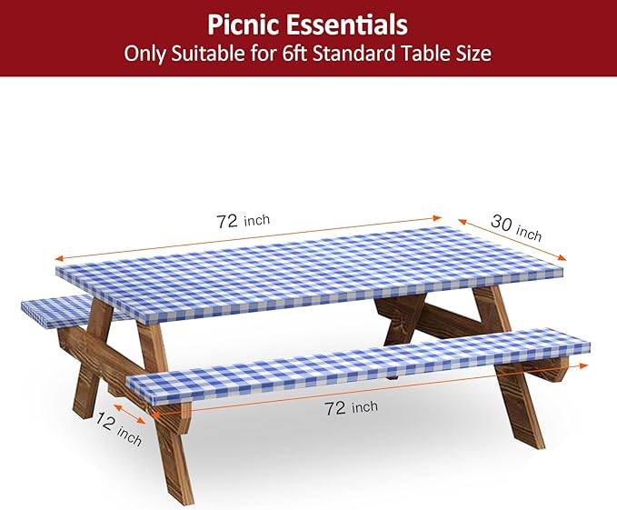 6ft Picnic Table and Bench Cover, Camping Essentials RV Gear, 72in Waterproof Windproof Outdoor Elastic All Around Tablecloth, Fitted Rectangle Tables and Seats, Blue-White Checkered