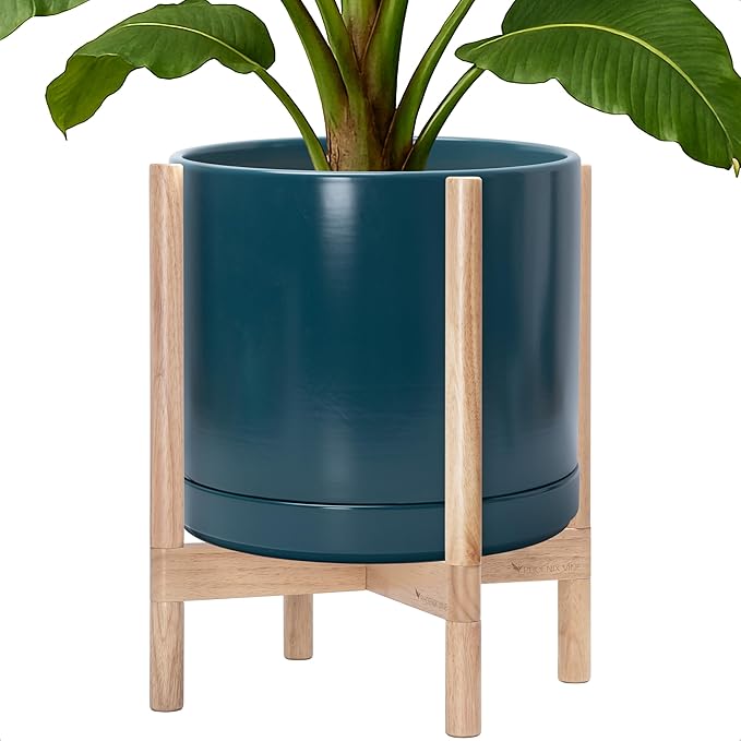 D'vine Dev Ceramic Planter with Natural Stand - 14 Inch Modern Round Flower Pot with Wood Planter Holder, Teal, 55-B-R-4