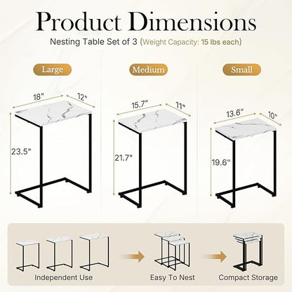 SUPER DEAL Nesting Tables Set of 3, Industrial C Shaped End Table Stackable