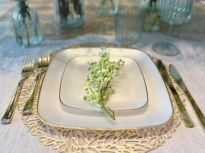 " OCCASIONS " 50 Plates Pack (25 Guests)-Wedding Party Disposable Plastic Plate Set -25 x 10'' Dinner + 25 x 7'' Salad & Dessert plates (Belize Square in Ivory & Gold)