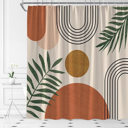 Mid Century Modern Shower Curtain Boho Beige Orange Abstract Retro Aesthetic Fabric for Bathroom Decor Bathtub with Hooks (70" WX84 H)