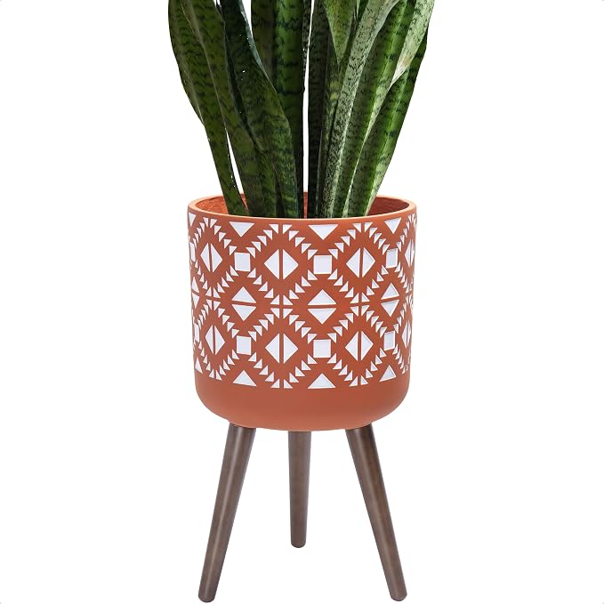 D'vine Dev 12 Inch Planter Pot with Stand, Mid-Century Tall Plant Pot with Legs for Indoor Plants, Pottery Red Terracotta/White, 88-G-C-5