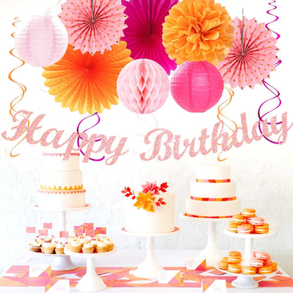 Hot-Pink Orange Fall Birthday Party-Decorations - 21pcs Autumn Women Peach Happy Banner,Girls Groovy Paper Streamers Lanterns Honeycomb,Tissue Flowers Pom Poms Fan, Boho Garland Room Decor
