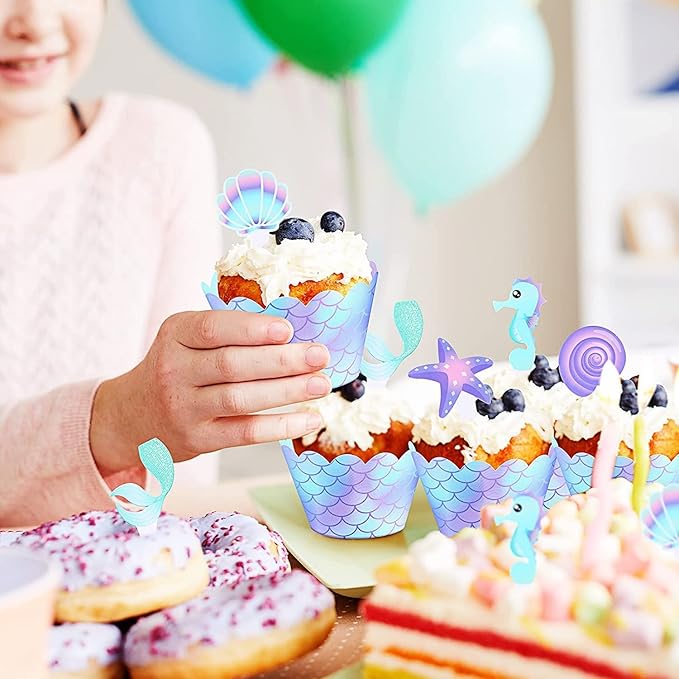 80 Pcs Mermaid Cupcake Wrappers Toppers, Include 40pcs Cake Topper and 40pcs Wrappers Double Side, Little Mermaid Theme Decoration Under The Sea Birthday Party Favor