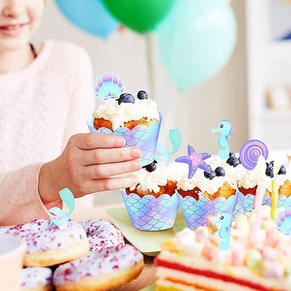 80 Pcs Mermaid Cupcake Wrappers Toppers, Include 40pcs Cake Topper and 40pcs Wrappers Double Side, Little Mermaid Theme Decoration Under The Sea Birthday Party Favor