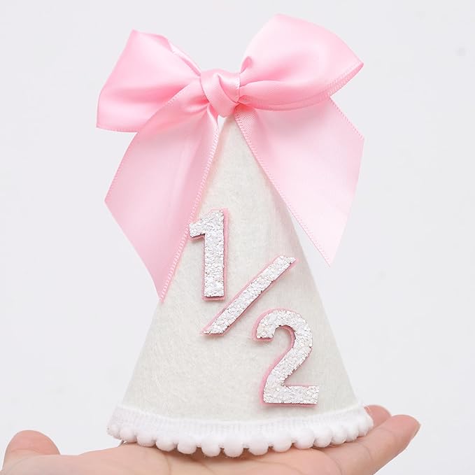 Pink Bow 1/2 Birthday Hat- Pink half Birthday hat, Princess 1st Birthday Supplies,Half Birthday Decorations for Girls