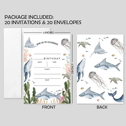 AEHIE 20 Sets Under the Sea Birthday Party Invitations With Envelopes, Sea Creatures Whale Turtle Shark Jellyfish Double-sided Printed Birthday Party Invite Cards for Kids & Adults