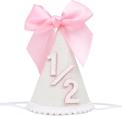 Pink Bow 1/2 Birthday Hat- Pink half Birthday hat, Princess 1st Birthday Supplies,Half Birthday Decorations for Girls