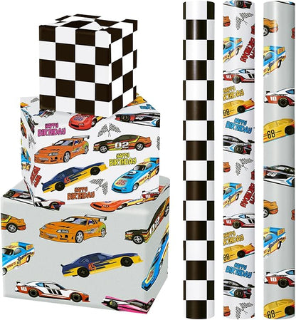 WRAPAHOLIC Racing Car Birthday Wrapping Paper - Mini Roll - 3 Rolls - 17 Inch x 120 Inch - Checkered Flag Car Wrapping Paper for Kids Boys Birthday, Baby Shower
