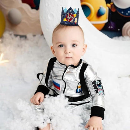Outer Space 1/2 Birthday Crown - Planet Half Way to One Birthday Decorations,Dark Blue Glitter Space Party Crown,Little Astronaut 6 Month Party Photo Props,Rocket Cake Smash Headwear