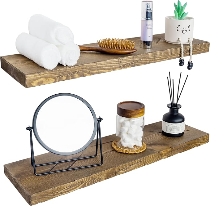BGMG 30 inch Distressed Walnut Floating Shelves for Wall,High End Solid Real Wood 30 in Floating Shelf,Rustic Wooden Wall Mount Shelves Set of 2,Heavy Duty Bracket,30x6.7x1.25 inch