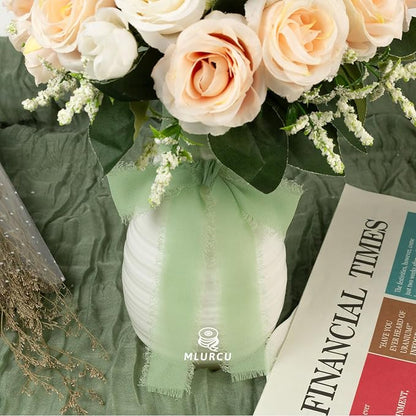 Sage Green Chiffon Ribbon - 1 Inch x 21 Yards, Handmade Fringe, Silk, Boho Frayed, for Gift Wrapping, Wedding Invitation, Bridal Flower Bouquets