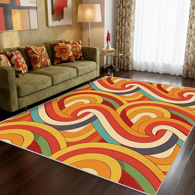 70s Retro Rug Large 8x10 Abstract Striped Groovy Hippie Pattern Area Rugs for Living Room, Bedroom, 70s Retro Home Decor Accessories Indoor Carpet, Non Slip & Machine Washable, GD0333