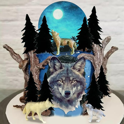 13 PCS Wolf Cake Topper Full Moon Cake Decor with Animal Figurine Wolf Themed Wedding Birthday Cake Decorations (Gray)