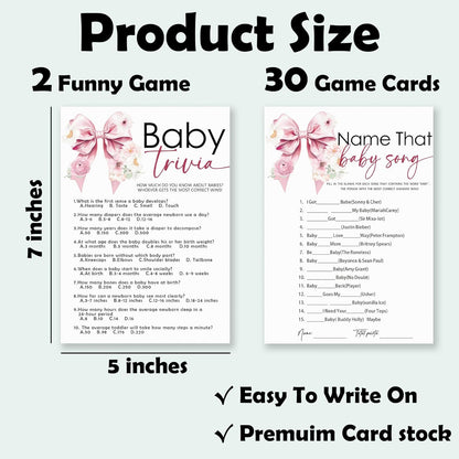 Name That Baby Song & Trivia Theme Baby Shower Game Activities-30 Pink Bow & Floral Double-Sided Game Cards(5’’x7 ’’) & 1 Answer Card(4’’x6’’) For Boys & Girls-Gender Natural Decor & Supplies-A02