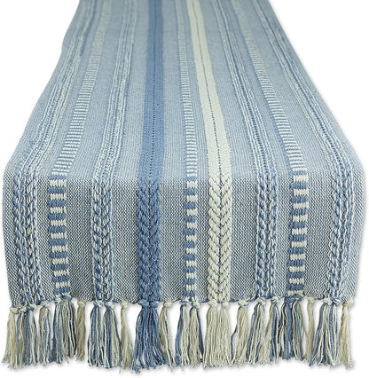 DII Farmhouse Braided Stripe Table Runner Collection, 15x108 (15x113, Fringe Included), Stonewash Blue