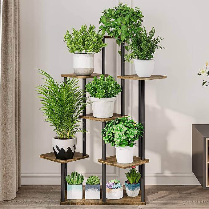 AZERPIAN Plant Stand 7 Tier Indoor Metal Flower Shelf for Multiple Plants Corner Tall Flower Holders for Patio Garden Living Room Balcony Bedroom, Black (7 Tier-Black)