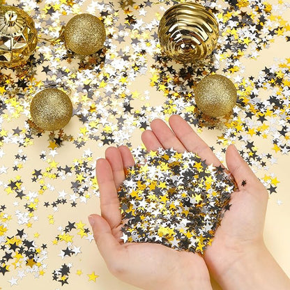 Hestya Star Confetti Glitter Table Confetti Metallic Foil Stars for Graduation Wedding Birthday Party Decorations(Silver Gold Black,10mm and 6mm,60g)