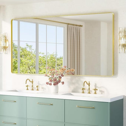 TETOTE 72 x 36 Inch Gold Framed Mirror Vanity Mirrors for Wall Decor Brushed Gold Bathroom Mirrors, Tempered Glass, Modern Farmhouse Wall Mounted Mirror for Decorative(Horizontal/Vertical)