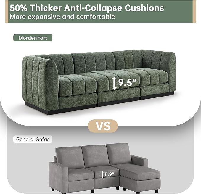 Morden Fort 96" L-Shaped Modular Sectional Sofa, Deep Seat Chenille Couch, Modern Sectional Couch for Living Room Apartment, High Density Foam, Green