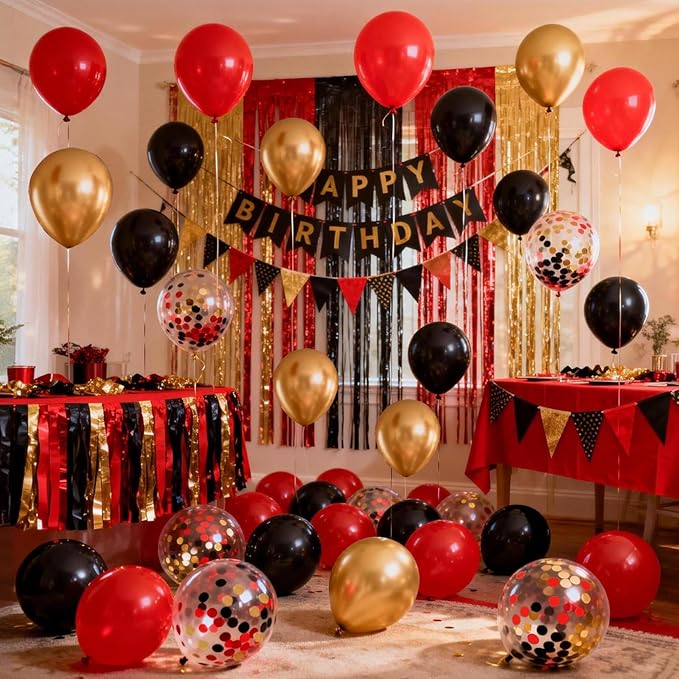 Netnology Red Black Gold Balloons, 60Pcs 12 Inch Red Black Metallic Gold Latex Balloon and Confetti Balloon for Graduation Birthday Casino Theme Party Wedding Anniversary Party Decorations