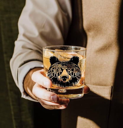 Nogrit Papa Bear Whiskey Glasses 10 oz, Papa Dad Gifts for Father's Day Birthday from Son Daughter Old Fashioned Rocks Glasses for Men Drinking Cocktail Scotch Vodka Tequila Rum