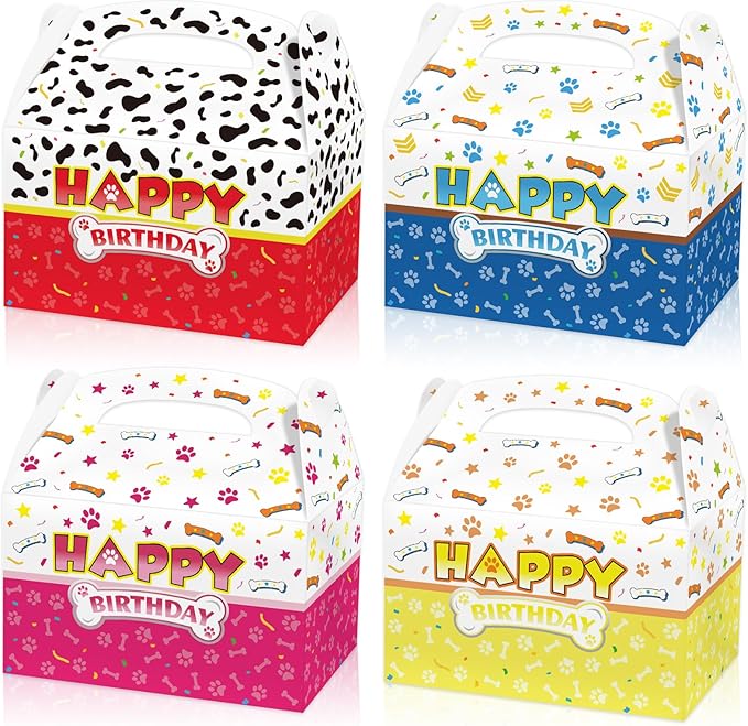 Beehaam 24 Pack Dog Paw Party Favor Treat Boxes, Cartoon Puppy Paw Theme Gable Gift Bags, Large Candy Goodie Cake Snack Paper Bags for Happy Birthday Baby Shower Party Decorations Supplies