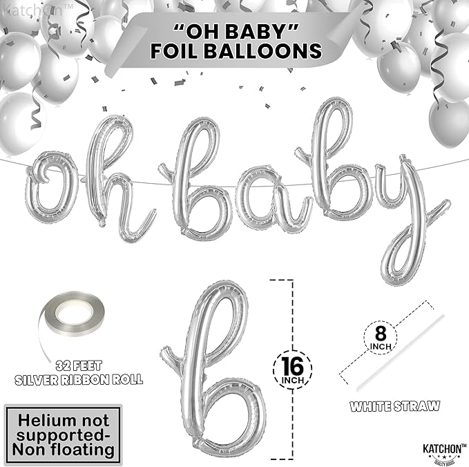 KatchOn Silver Oh Baby Balloon Sign - 16 Inch | Baby Shower, Gender Reveal Balloon Decoration | Sign Backdrop | Banner