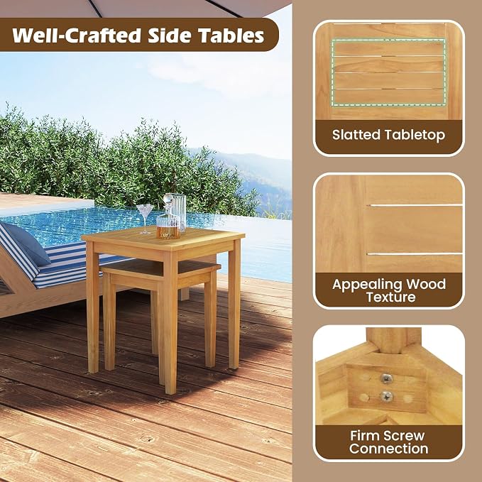 Tangkula 2 Pieces Patio Nesting Table, Teak Wood Outdoor Space Saving Design