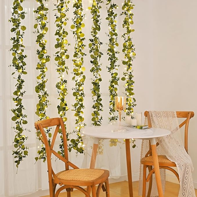 Dolicer 4 Packs 6FT Artificial Eucalyptus Garland with LED Light String, Faux Greenery Garland Hanging Fake Silver Dollar Eucalyptus Leaves Vines for Wedding Backdrop Arch Table Wall Party Home Decor