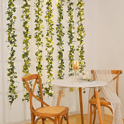 Dolicer 4 Packs 6FT Artificial Eucalyptus Garland with LED Light String, Faux Greenery Garland Hanging Fake Silver Dollar Eucalyptus Leaves Vines for Wedding Backdrop Arch Table Wall Party Home Decor