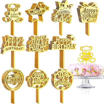 150 Pcs Happy Birthday Cake Toppers Acrylic Cake Topper Glitter Birthday Cake Decorations Double Sided for Adults Various Cake Decoration Party Supplies(Gold,Retro)