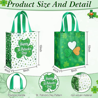 Wovnet 30 Pcs St. Patrick's Day Gift Bags with Handle Shamrock Party Favors Green Reusable Non Woven Goodie Treat Bags Clover Tote Irish Festival Themed Party Supplies 10 x 8 x 4in