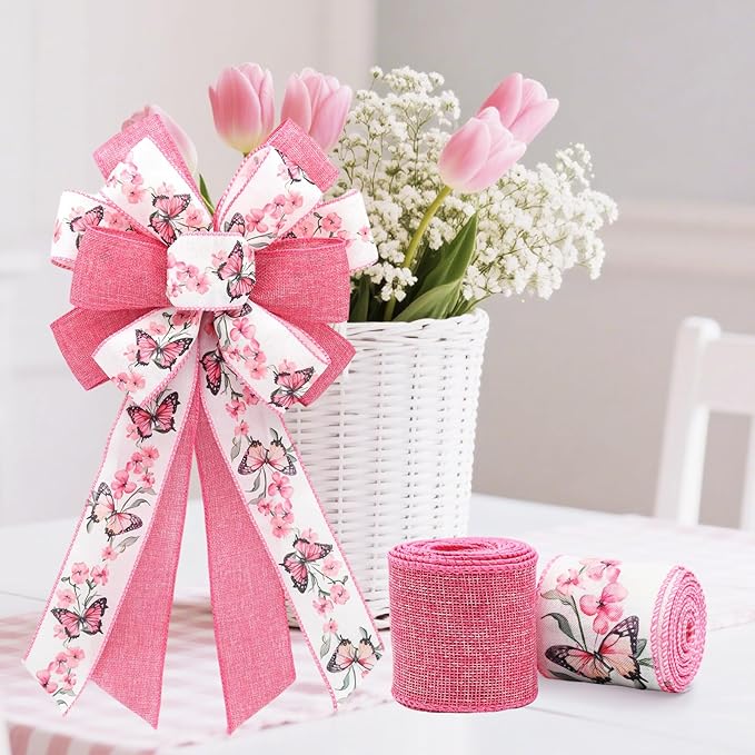Pink Wired Ribbon for Wreath Bows, 2 Rolls, 2.5″ Wide, 10 Yards Total, Summer Pink Butterfly Floral Wired Ribbons for Crafts Supplies, Rustic Party, Wedding Ribbon Bow Decor