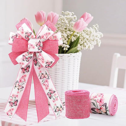 Pink Wired Ribbon for Wreath Bows, 2 Rolls, 2.5″ Wide, 10 Yards Total, Summer Pink Butterfly Floral Wired Ribbons for Crafts Supplies, Rustic Party, Wedding Ribbon Bow Decor