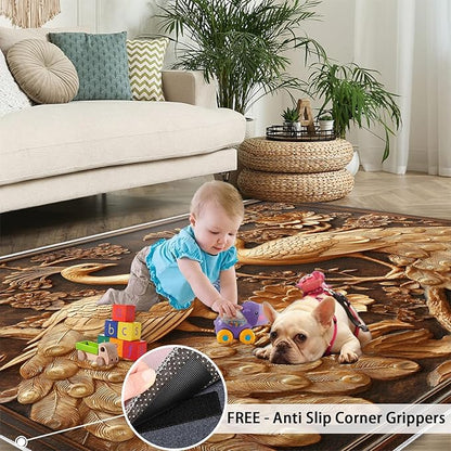 Peacock Rugs for Bedroom - 5x6 Rug, European Style Area Rugs for Living Room, Peacock Decor Carpet, Gold Peafowl Washable Area Mat, Luxury Carpet - Peafowl Home Decor & Gifts